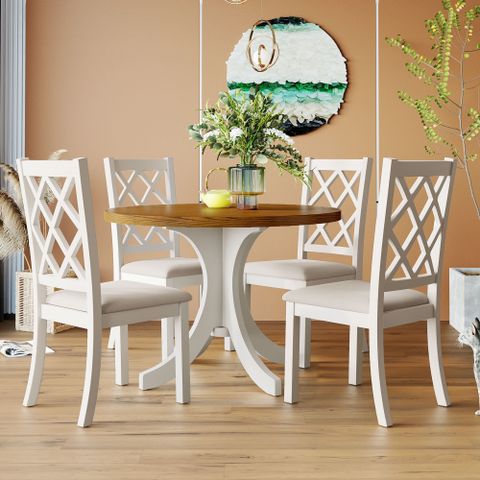 Churanty Farmhouse Wood 5-Piece Retro Dining Room Set, Small Round ... pertaining to Wooden dining tables that complement upholstered chair collections